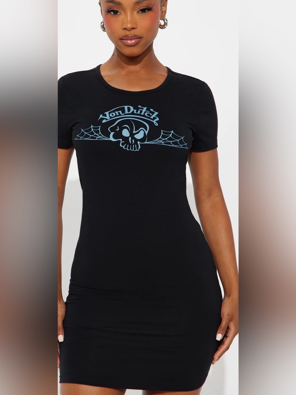 NWT Von Dutch Black Tee Dress with Light Blue Skull Logo size XL